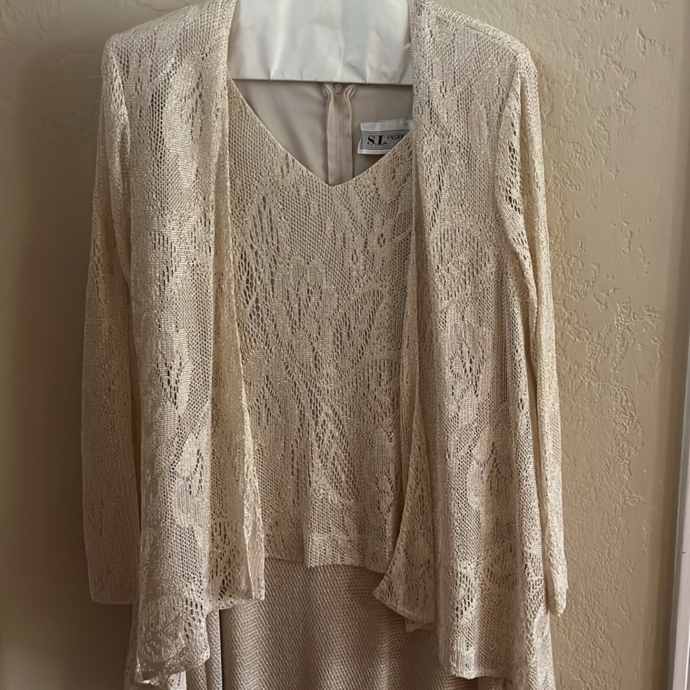 SL FASHIONS 2-Pc. Lace Jacket & Dress Set Champagne w/sparkled lace, Size 10